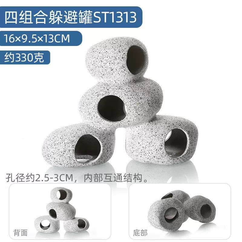 4-Piece Stacked Ceramic Aquarium Cave Interconnected Multi-Hole Fish Hideout ST1313
