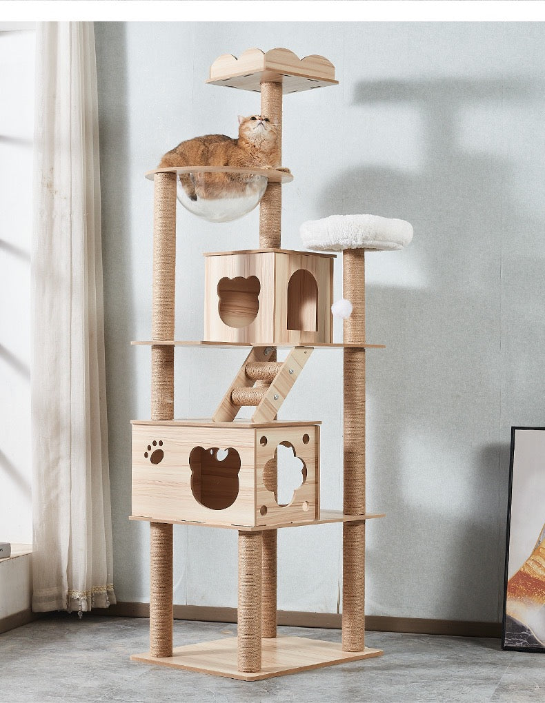 CatTree Multi-Pure Wood-Level Cat Tree Tower With Clear Bowl Y2