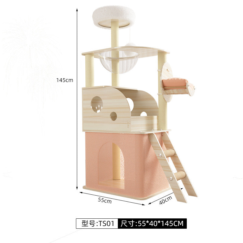 CatTree Modern Wooden Scratching Post Cat Tree Climbing Cat Tower With Clear Bowl TS01