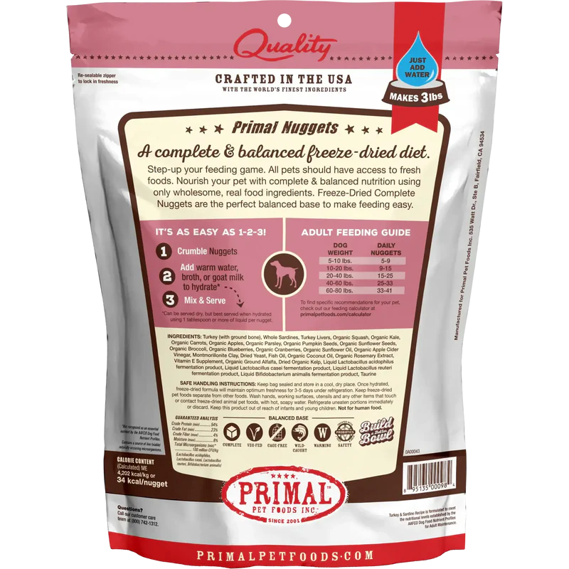Primal Freeze-Dried Turkey & Sardine Nuggets Dog Food Dog Treat 14oz