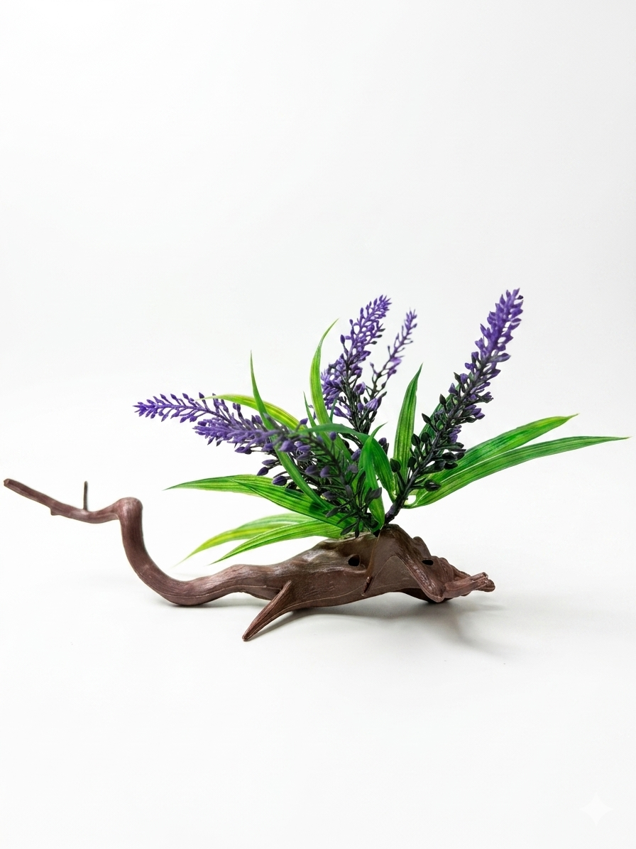 Twisted Driftwood-Mounted Lavender-Style Artificial Aquarium Plant Fish Tank Decoration
