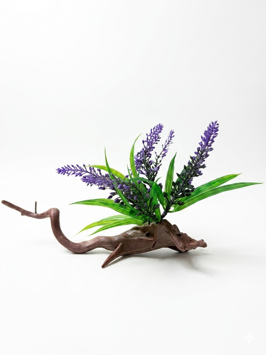 Twisted Driftwood-Mounted Lavender-Style Artificial Aquarium Plant Fish Tank Decoration