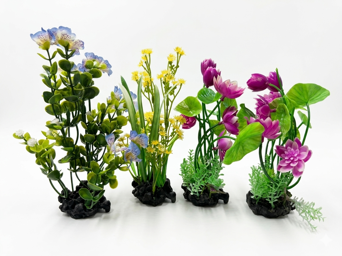 4-Pack Assorted Flower-Style Artificial Aquarium Plants Set Fish Tank Decoration
