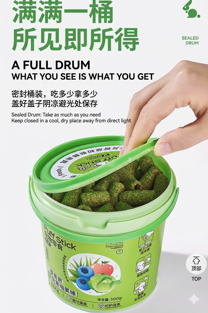 Yee Puff Stick 8-In-1 Grass & Vegetable Blend For Rabbit, Guinea Pig, Hamster & Chinchilla 300g Bucket
