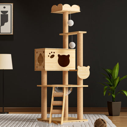 CatTree Wooden Cat Tree With Cozy Cat Condo Scratching Post Clear Bowl Cat Tower Y9