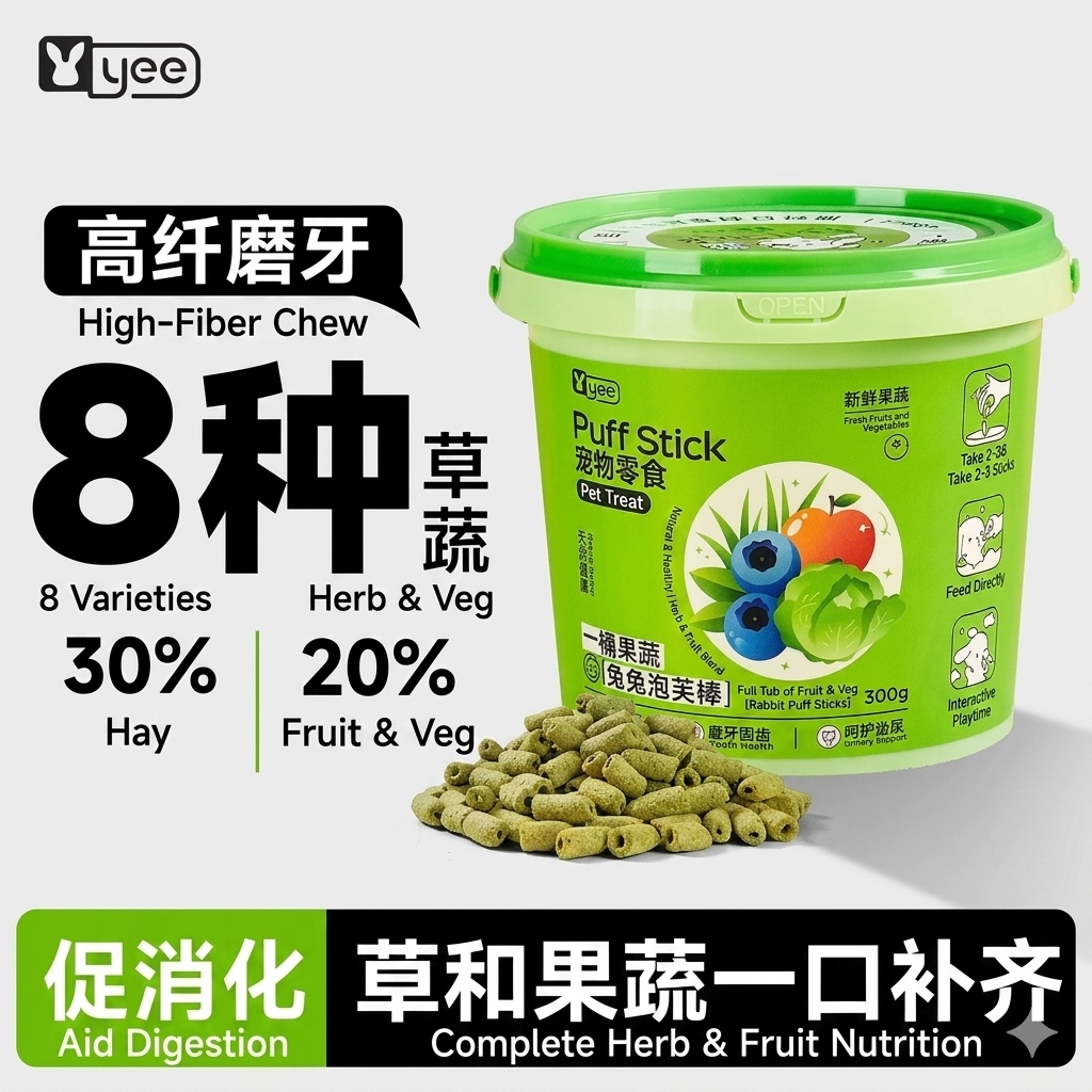 Yee Puff Stick 8-In-1 Grass & Vegetable Blend For Rabbit, Guinea Pig, Hamster & Chinchilla 300g Bucket